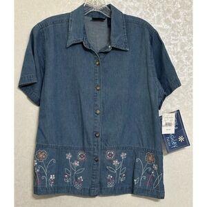 Jane Ashley Petite VTG NWT Denim‎ Floral Embroidered Button Up Collared Shirt PM
